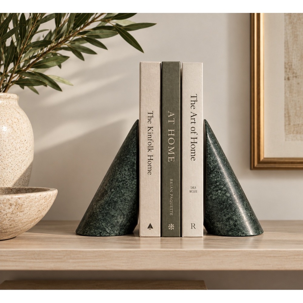 Vintage Green Marble Cone Bookends MCM Modern Sculptural Heavy Stone Decor Set
